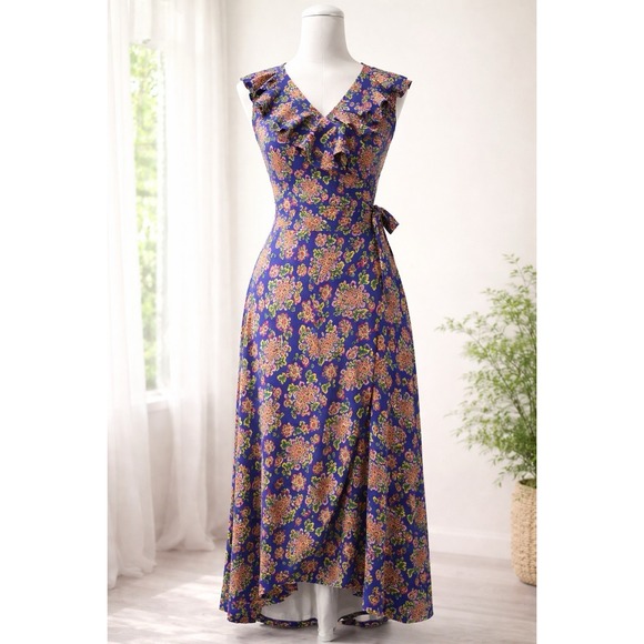 Boden Dresses & Skirts - Boden Saskia Wrap Dress 14 Blue Medallion Floral Midi Ruffle Boho Cottagecore